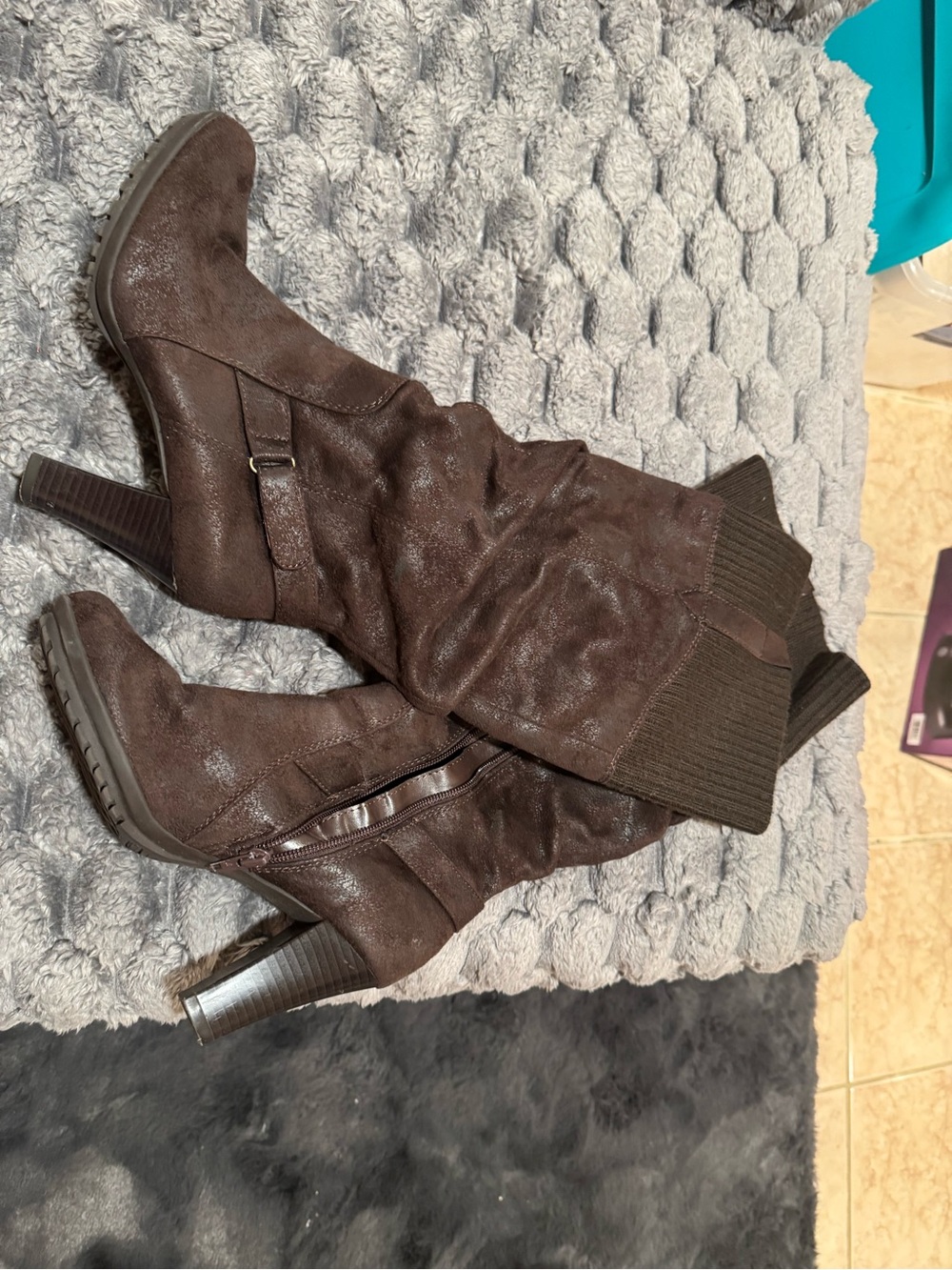 AEROSOLES Dark Brown Mid-Calf Heeled Boots with Ribbed Cuff